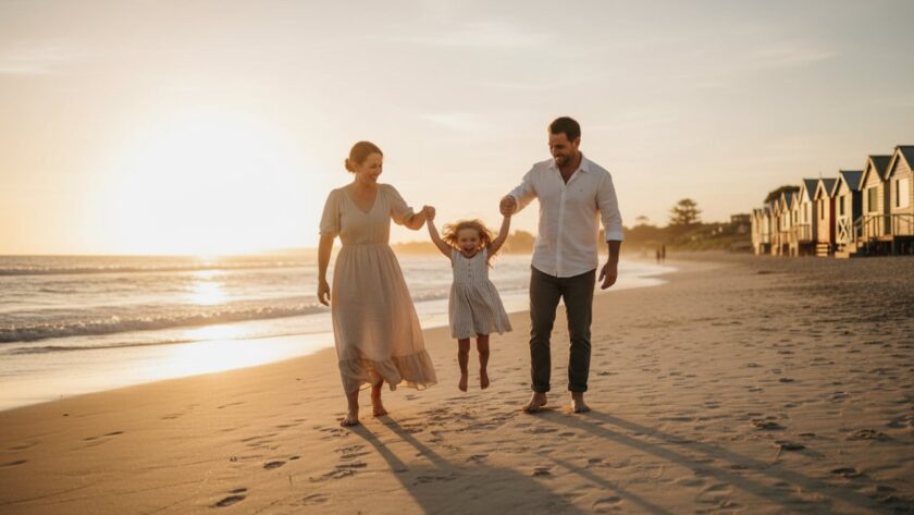 A heartwarming candid family photography Capel Sound beach moment: parents laughing joyfully while playfully swinging their young child against the vibrant sunset backdrop over Port Phillip Bay, soft golden light illuminating their genuine connection.