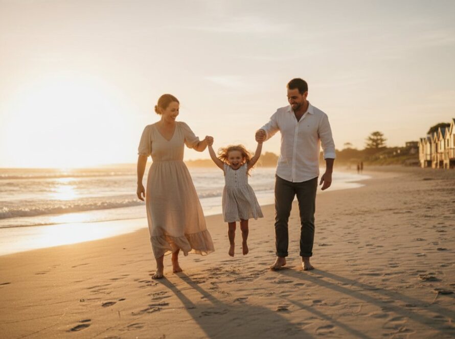 A heartwarming candid family photography Capel Sound beach moment: parents laughing joyfully while playfully swinging their young child against the vibrant sunset backdrop over Port Phillip Bay, soft golden light illuminating their genuine connection.