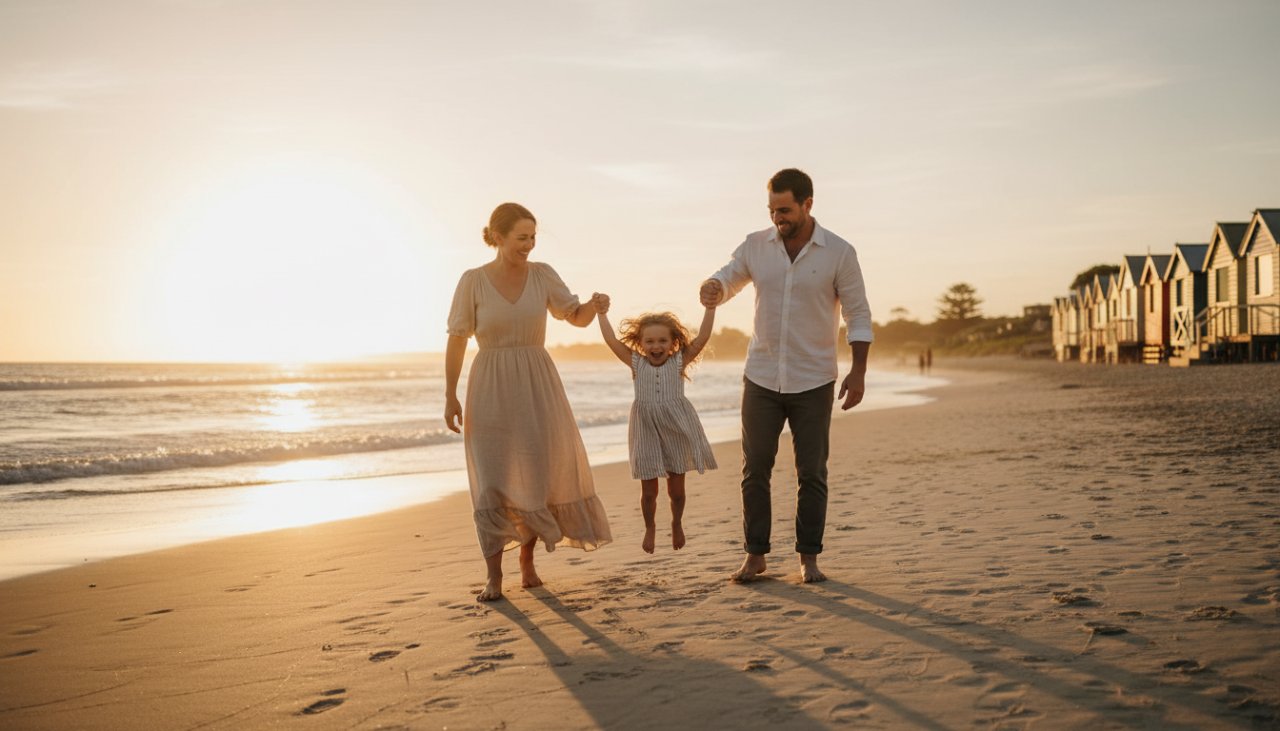 A heartwarming candid family photography Capel Sound beach moment: parents laughing joyfully while playfully swinging their young child against the vibrant sunset backdrop over Port Phillip Bay, soft golden light illuminating their genuine connection.