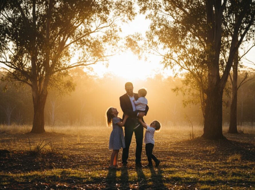 An epic moment of a family laughing joyfully amidst the towering eucalyptus trees of Cockatoo, Victoria, captured during a candid family photography session, showcasing genuine connection and the beautiful Australian landscape at sunset.