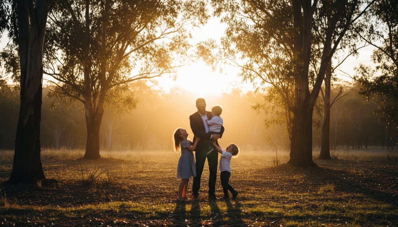 An epic moment of a family laughing joyfully amidst the towering eucalyptus trees of Cockatoo, Victoria, captured during a candid family photography session, showcasing genuine connection and the beautiful Australian landscape at sunset.