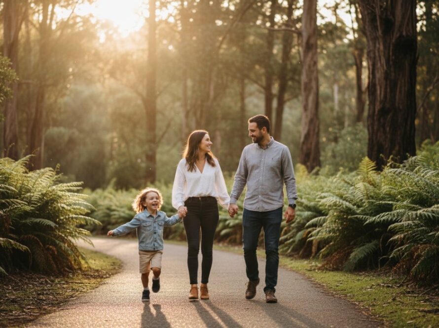 An epic moment of candid family photography in Emerald, capturing genuine joy as parents laugh with their child amidst the vibrant ferns of the Dandenong Ranges, sunlight filtering through the trees.