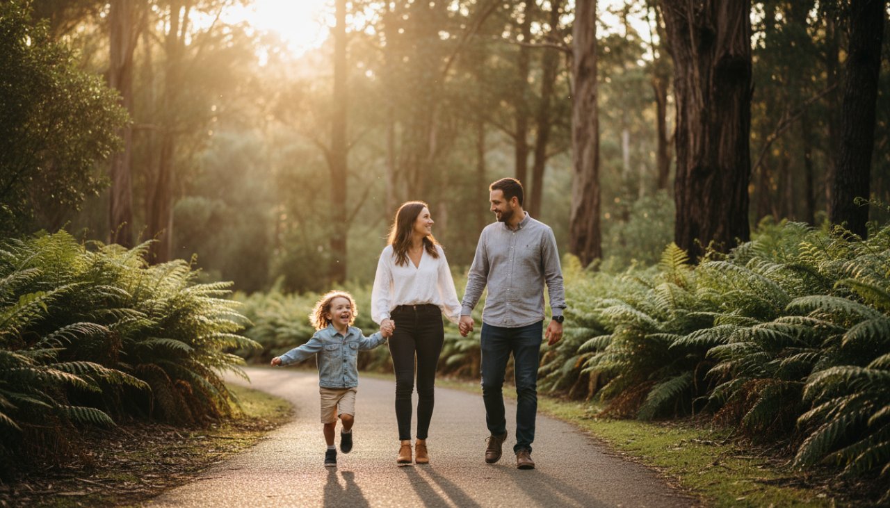 An epic moment of candid family photography in Emerald, capturing genuine joy as parents laugh with their child amidst the vibrant ferns of the Dandenong Ranges, sunlight filtering through the trees.
