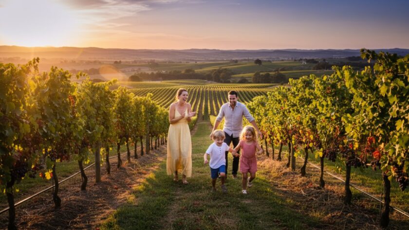 A heartwarming candid family photography moments Castella Victoria capture, showing a family laughing joyfully amidst the lush Yarra Valley vineyards, the late afternoon sun casting a golden glow on their genuine interaction, creating an epic, unposed memory.