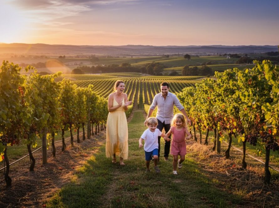 A heartwarming candid family photography moments Castella Victoria capture, showing a family laughing joyfully amidst the lush Yarra Valley vineyards, the late afternoon sun casting a golden glow on their genuine interaction, creating an epic, unposed memory.