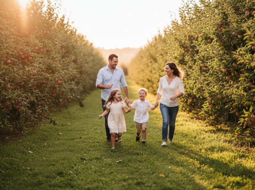 A heartwarming candid family photography Seville Victoria moment: parents embracing their laughing children during golden hour in a sun-dappled orchard, joyfully captured.