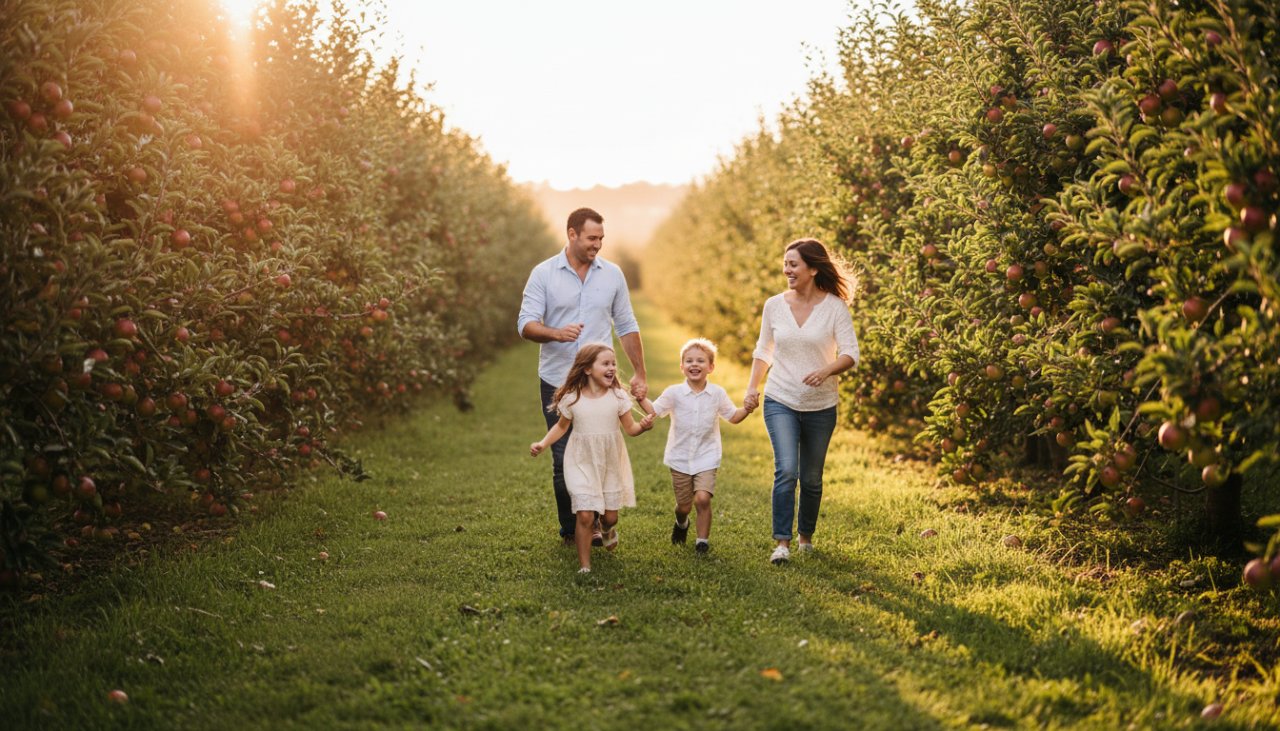 A heartwarming candid family photography Seville Victoria moment: parents embracing their laughing children during golden hour in a sun-dappled orchard, joyfully captured.