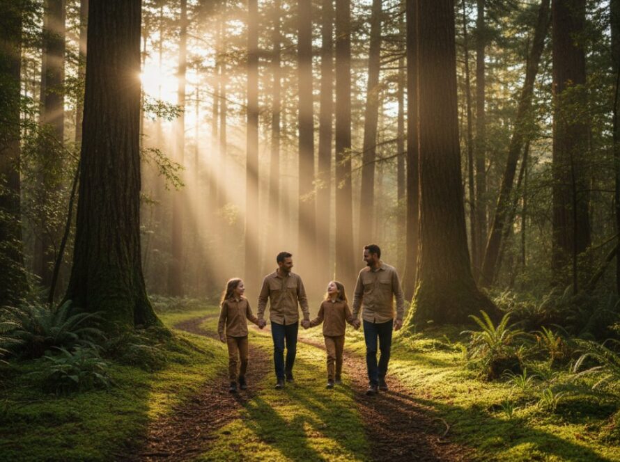 A vibrant candid family photography Toolangi rainforest scene, featuring parents laughing with their two children, silhouetted against the warm glow of a setting sun filtering through ancient trees, captured in an epic, emotionally resonant wide shot.
