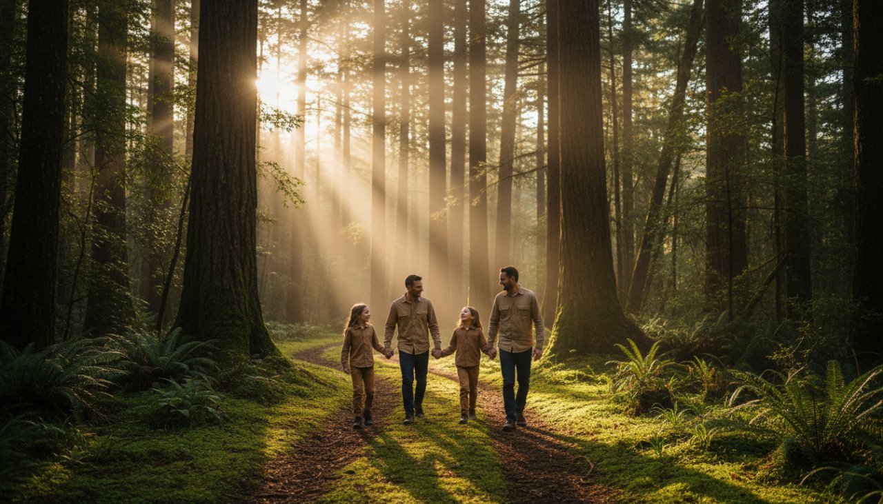 A vibrant candid family photography Toolangi rainforest scene, featuring parents laughing with their two children, silhouetted against the warm glow of a setting sun filtering through ancient trees, captured in an epic, emotionally resonant wide shot.
