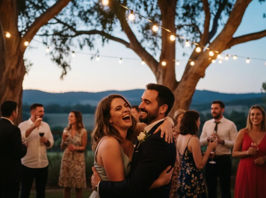 An candid Healesville party photography for unforgettable celebrations hero shot, featuring guests laughing and dancing under string lights at a rustic Healesville winery, with the Yarra Valley hills subtly blurred in the background, capturing a moment of pure joy and connection during a vibrant evening event.