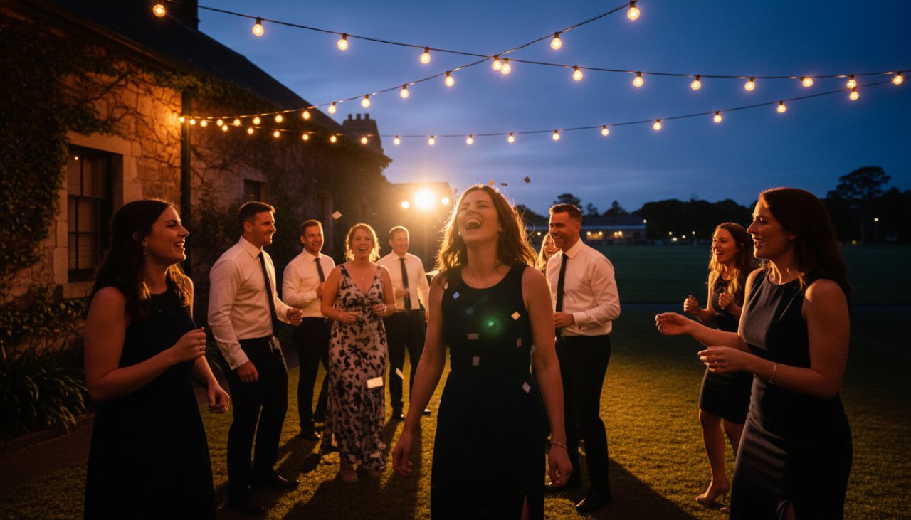 An epic, emotionally resonant photograph capturing a group of friends laughing heartily during a lively evening celebration at HMAS Cerberus, bathed in dramatic golden hour lighting, embodying the vibrant spirit of candid HMAS Cerberus party photography Melbourne.