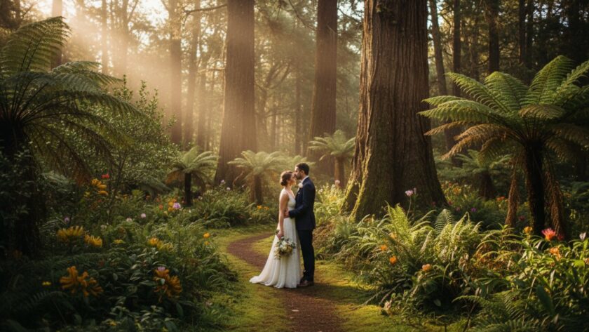 An epic moment of a newlywed couple sharing a tender, candid kiss beneath the towering fern trees in a sun-dappled Kallista forest, embodying the magic of candid Kallista Dandenongs wedding photography.