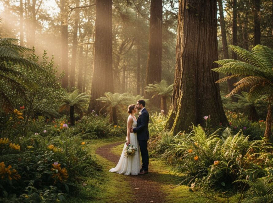 An epic moment of a newlywed couple sharing a tender, candid kiss beneath the towering fern trees in a sun-dappled Kallista forest, embodying the magic of candid Kallista Dandenongs wedding photography.