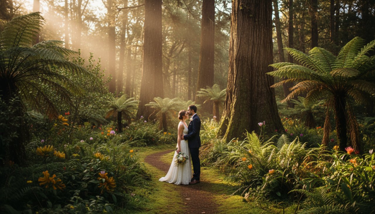 An epic moment of a newlywed couple sharing a tender, candid kiss beneath the towering fern trees in a sun-dappled Kallista forest, embodying the magic of candid Kallista Dandenongs wedding photography.