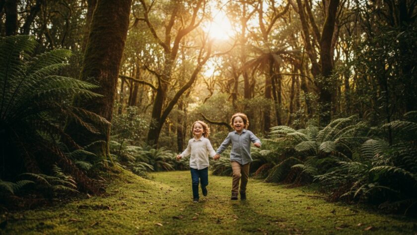 A breathtaking wide-angle shot of two children laughing joyfully amidst the towering trees of Sherbrooke Forest in Emerald, Victoria, during a candid kids photography Emerald Victoria Dandenongs session. Sunlight filters through the canopy, creating a magical glow around them as they play, captured in an epic, vibrant moment.