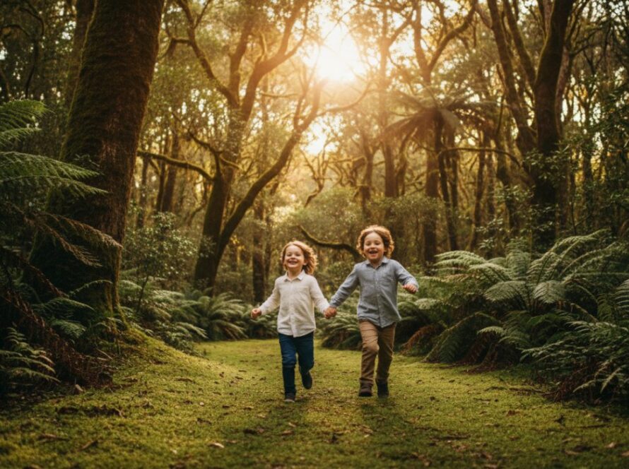 A breathtaking wide-angle shot of two children laughing joyfully amidst the towering trees of Sherbrooke Forest in Emerald, Victoria, during a candid kids photography Emerald Victoria Dandenongs session. Sunlight filters through the canopy, creating a magical glow around them as they play, captured in an epic, vibrant moment.