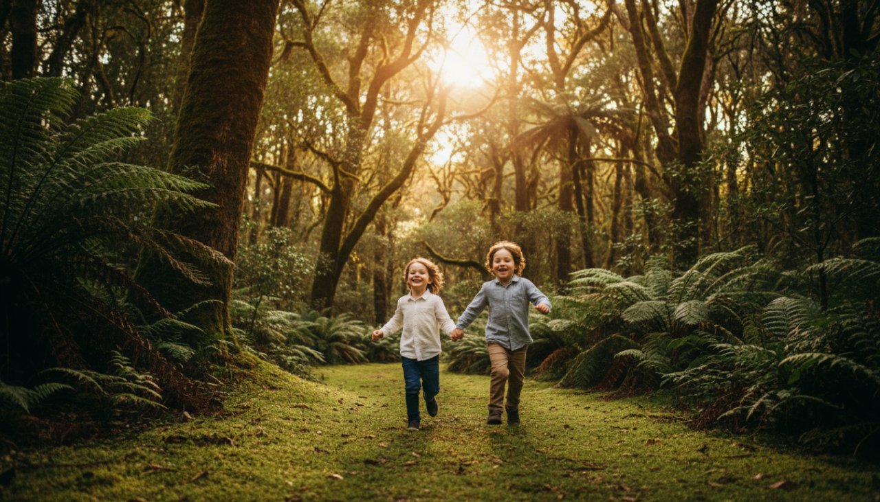 A breathtaking wide-angle shot of two children laughing joyfully amidst the towering trees of Sherbrooke Forest in Emerald, Victoria, during a candid kids photography Emerald Victoria Dandenongs session. Sunlight filters through the canopy, creating a magical glow around them as they play, captured in an epic, vibrant moment.