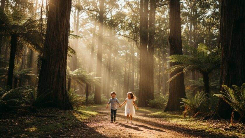 A candid kids photography Healesville Yarra Valley moment, capturing two siblings laughing joyfully while exploring a sun-dappled forest path in the Healesville Sanctuary area, surrounded by towering gum trees and lush ferns, light filtering through the canopy.