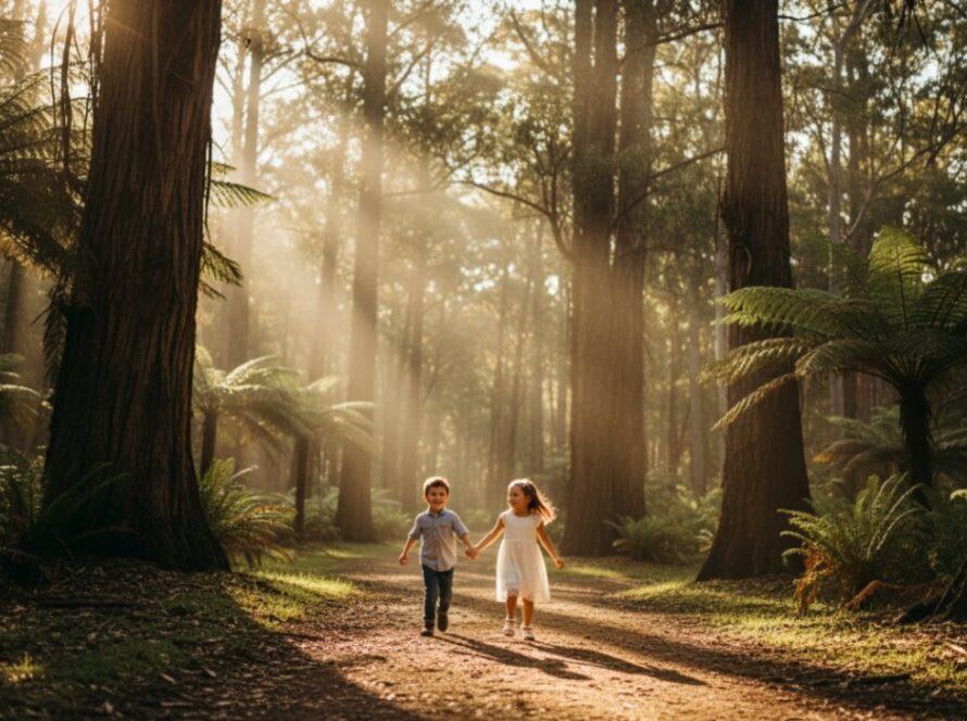 A candid kids photography Healesville Yarra Valley moment, capturing two siblings laughing joyfully while exploring a sun-dappled forest path in the Healesville Sanctuary area, surrounded by towering gum trees and lush ferns, light filtering through the canopy.