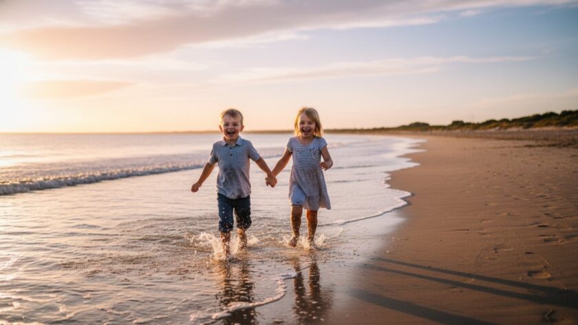 An authentic and joyful moment captured during a Candid Kids Photography Somers Beach session, showing two siblings laughing while running through gentle waves at sunset, with dramatic golden light.