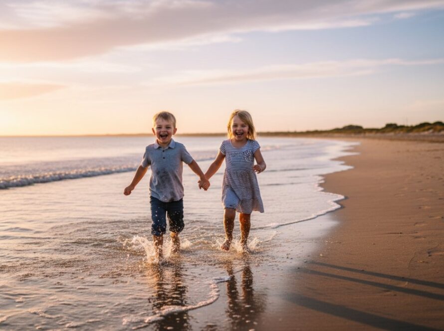 An authentic and joyful moment captured during a Candid Kids Photography Somers Beach session, showing two siblings laughing while running through gentle waves at sunset, with dramatic golden light.