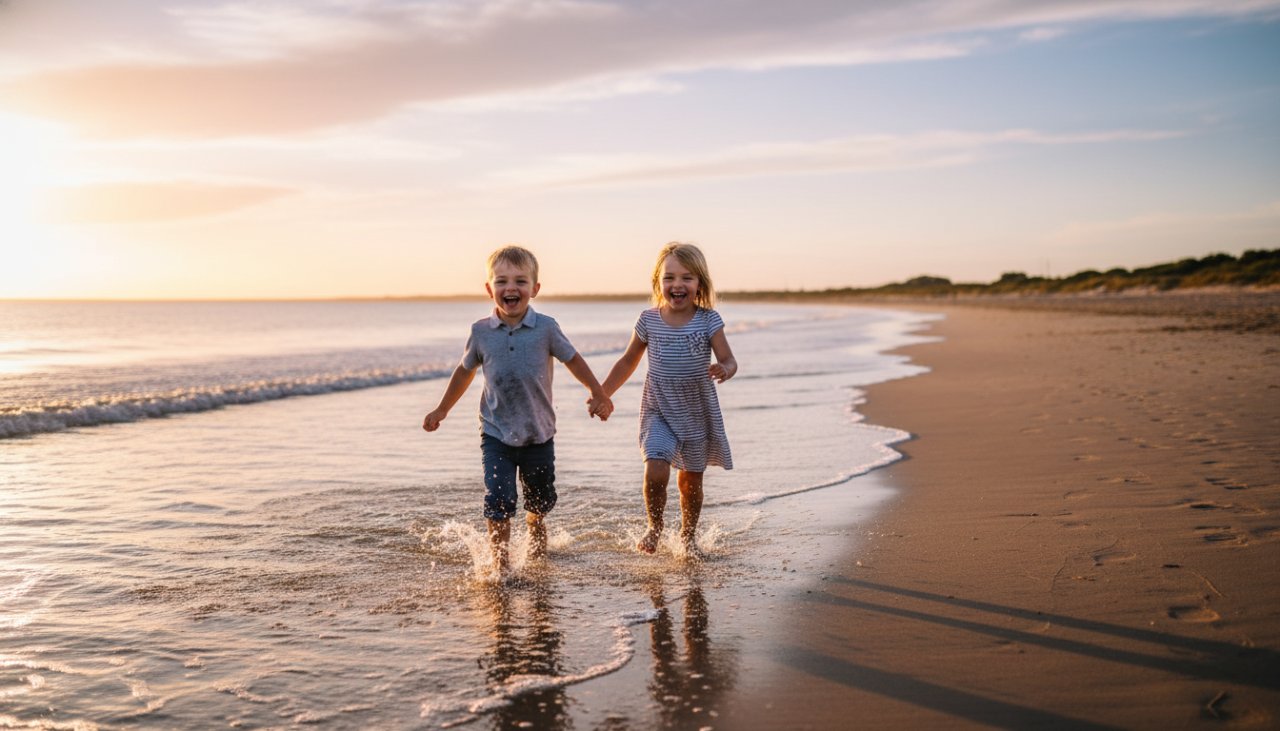An authentic and joyful moment captured during a Candid Kids Photography Somers Beach session, showing two siblings laughing while running through gentle waves at sunset, with dramatic golden light.