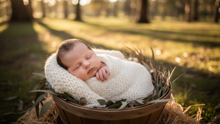 A tender, candid newborn photography moment captured in Cockatoo, Victoria, featuring a sleeping baby nestled peacefully in a rustic, soft blanket amidst a natural, sun-dappled setting evoking the local Cockatoo bushland. This beautiful portrait perfectly encapsulates the serene start of life for Cockatoo families.
