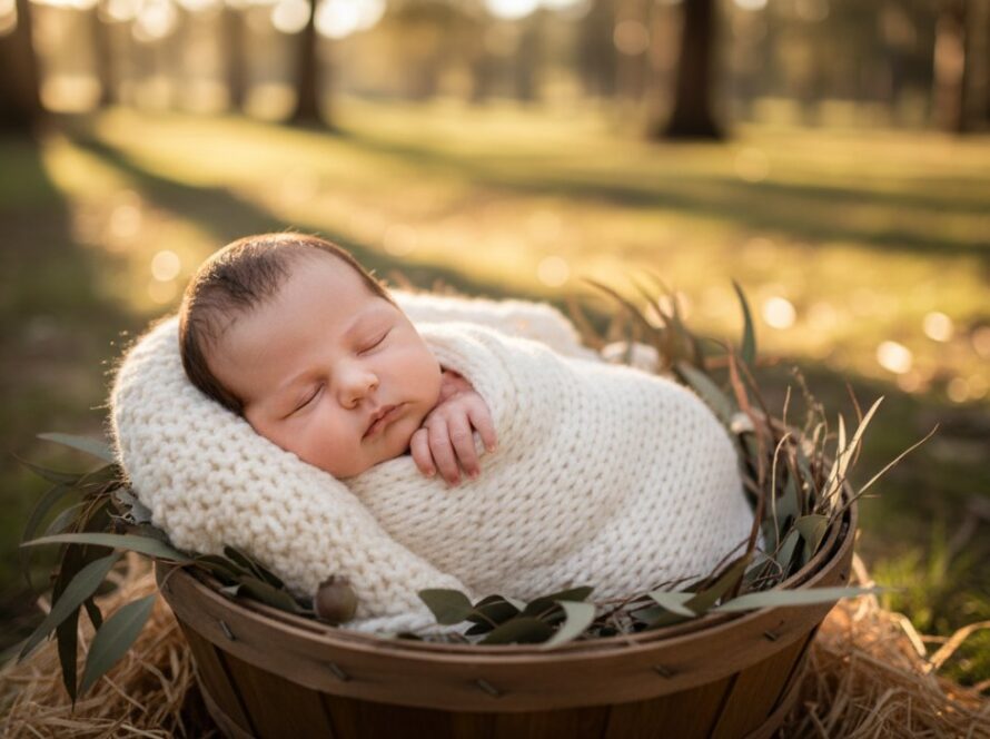 A tender, candid newborn photography moment captured in Cockatoo, Victoria, featuring a sleeping baby nestled peacefully in a rustic, soft blanket amidst a natural, sun-dappled setting evoking the local Cockatoo bushland. This beautiful portrait perfectly encapsulates the serene start of life for Cockatoo families.
