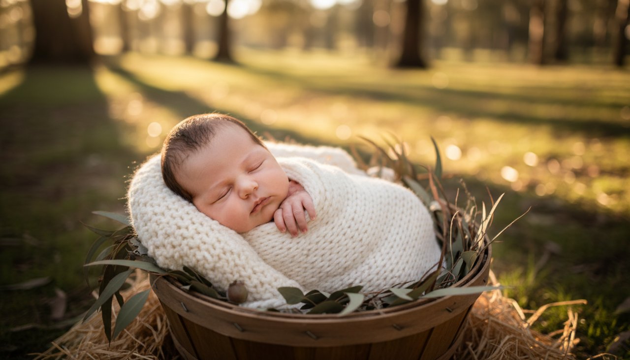 A tender, candid newborn photography moment captured in Cockatoo, Victoria, featuring a sleeping baby nestled peacefully in a rustic, soft blanket amidst a natural, sun-dappled setting evoking the local Cockatoo bushland. This beautiful portrait perfectly encapsulates the serene start of life for Cockatoo families.