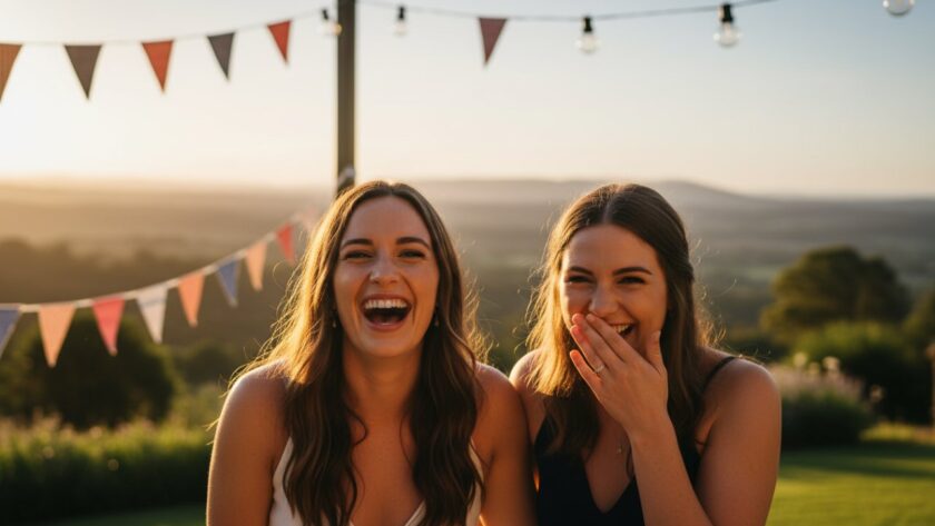 An epic moment of genuine joy captured through candid party photography in Seville East, featuring friends laughing spontaneously amidst colourful decorations under warm string lights at dusk, with the serene Dandenong Ranges in the background.