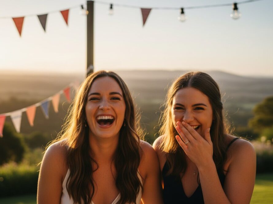 An epic moment of genuine joy captured through candid party photography in Seville East, featuring friends laughing spontaneously amidst colourful decorations under warm string lights at dusk, with the serene Dandenong Ranges in the background.