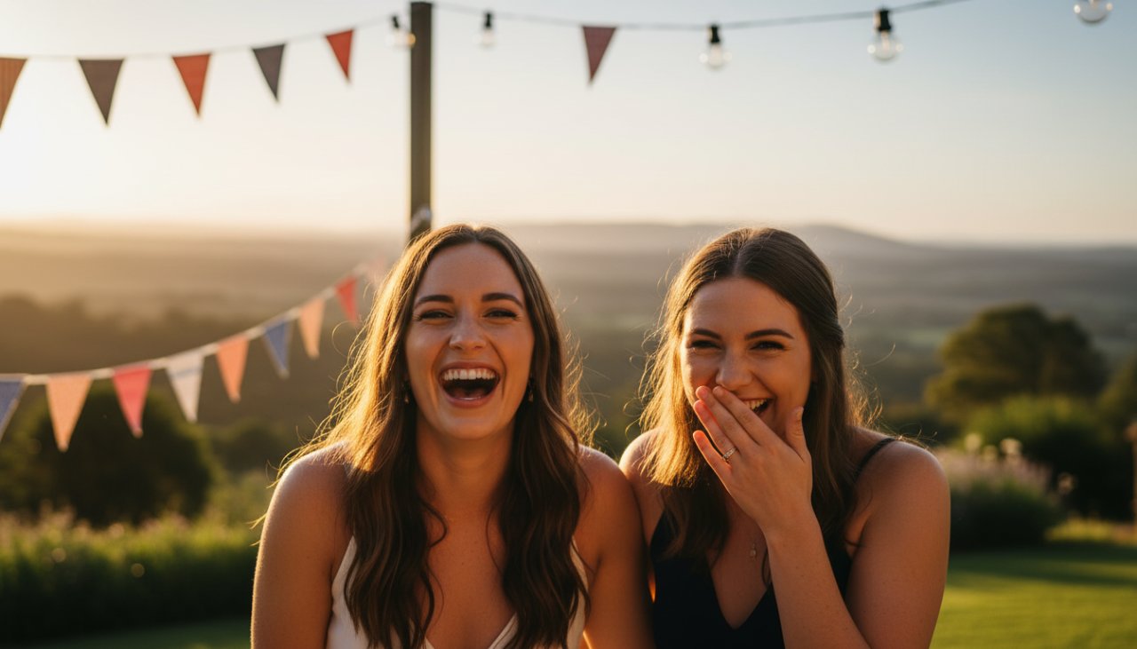 An epic moment of genuine joy captured through candid party photography in Seville East, featuring friends laughing spontaneously amidst colourful decorations under warm string lights at dusk, with the serene Dandenong Ranges in the background.