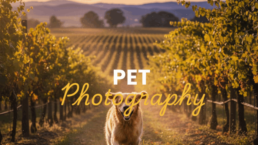 A cinematic 'Street Photography' style image of a happy Border Collie running through a vineyard at golden hour in the Yarra Valley, capturing the essence of candid pet photography Yarra Valley wineries. The image has a two-tiered text overlay: 'PET' in bold white sans-serif, and 'Photography' in elegant yellow cursive.