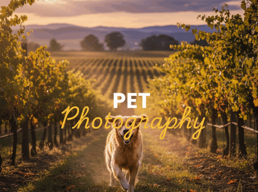 A cinematic 'Street Photography' style image of a happy Border Collie running through a vineyard at golden hour in the Yarra Valley, capturing the essence of candid pet photography Yarra Valley wineries. The image has a two-tiered text overlay: 'PET' in bold white sans-serif, and 'Photography' in elegant yellow cursive.