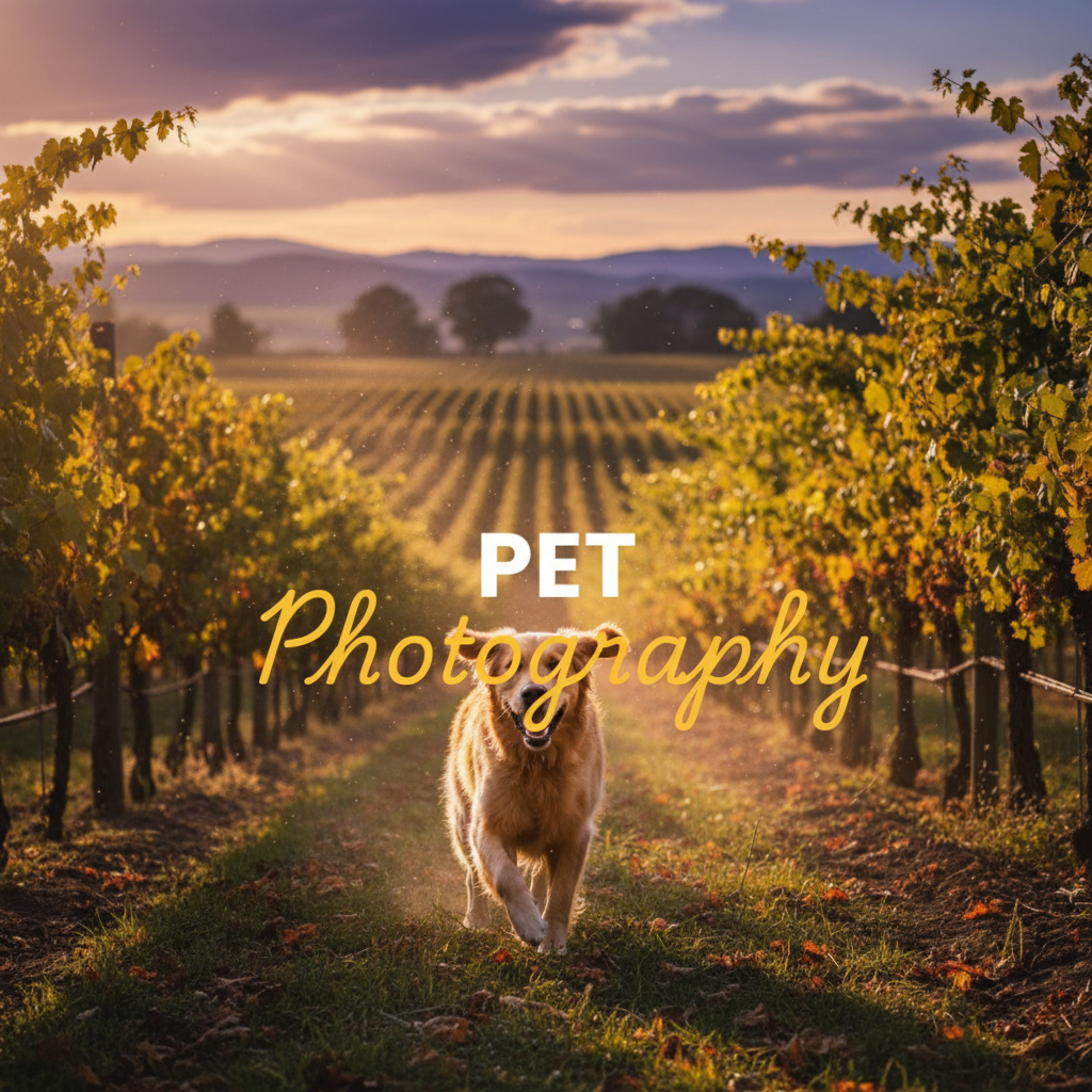 A cinematic 'Street Photography' style image of a happy Border Collie running through a vineyard at golden hour in the Yarra Valley, capturing the essence of candid pet photography Yarra Valley wineries. The image has a two-tiered text overlay: 'PET' in bold white sans-serif, and 'Photography' in elegant yellow cursive.