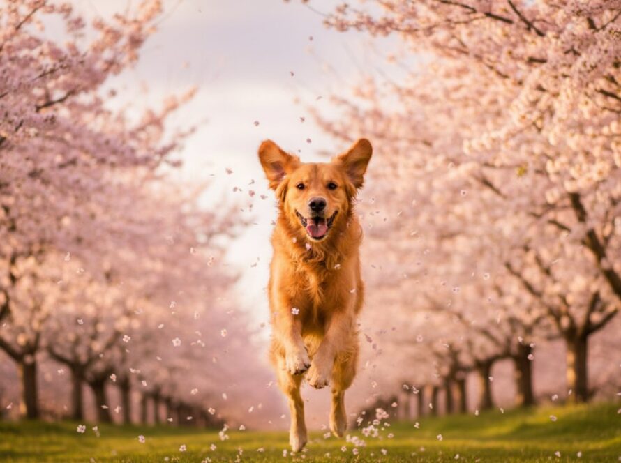 A majestic golden retriever captured mid-stride, joyfully running through a sun-drenched Wandin East cherry orchard in full bloom, soft golden light, an epic moment of pure canine happiness during a candid pet portraits Wandin East cherry orchards session.