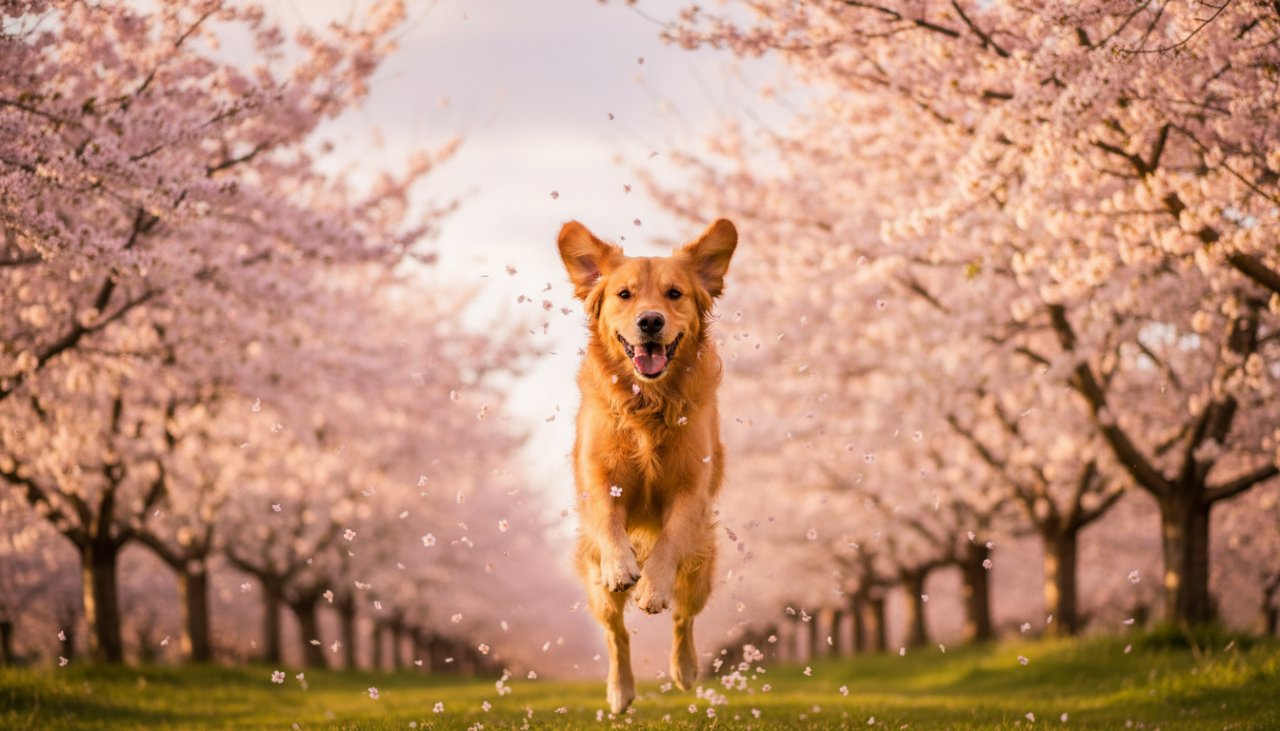 A majestic golden retriever captured mid-stride, joyfully running through a sun-drenched Wandin East cherry orchard in full bloom, soft golden light, an epic moment of pure canine happiness during a candid pet portraits Wandin East cherry orchards session.