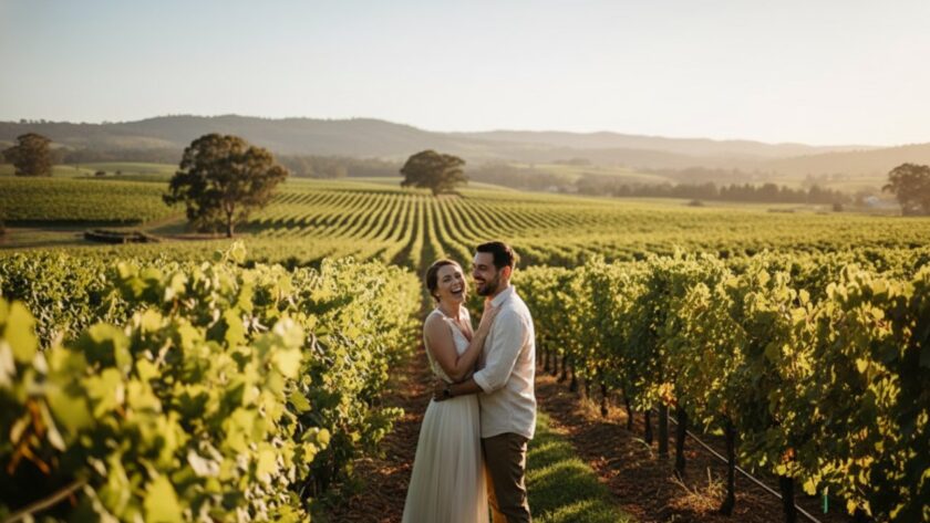 An epic moment of genuine laughter and connection captured through candid photography Dixons Creek, featuring a couple embracing warmly amidst the vineyards at sunset, evoking authentic joy and love.