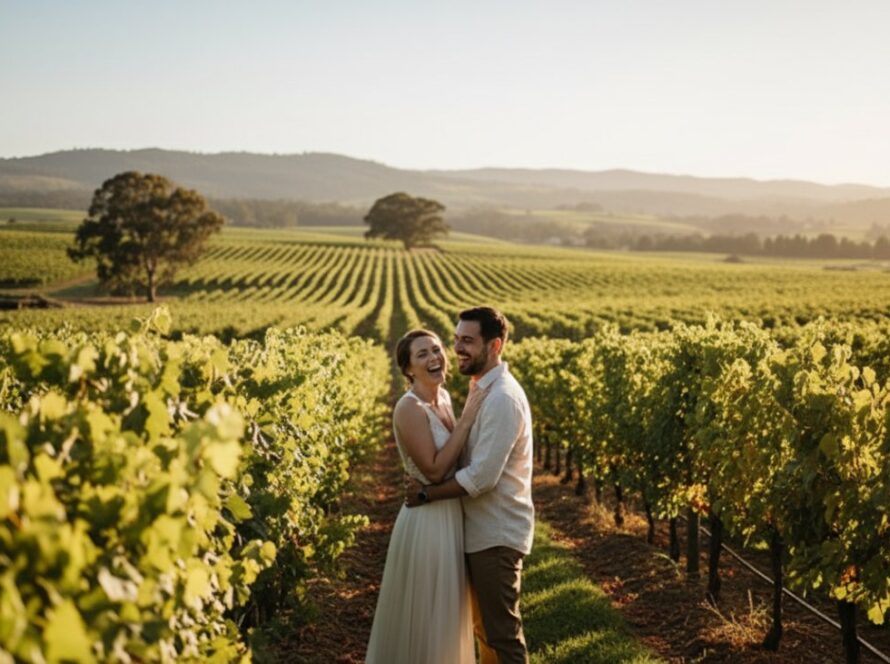 An epic moment of genuine laughter and connection captured through candid photography Dixons Creek, featuring a couple embracing warmly amidst the vineyards at sunset, evoking authentic joy and love.