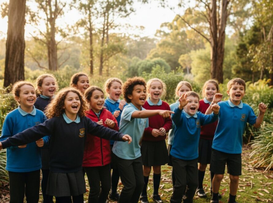 An aerial perspective showcasing a group of primary school children in Selby Hills excitedly running towards a camera, their candid expressions full of joy and energy during a school sports day, captured by candid primary school photography Selby Hills.