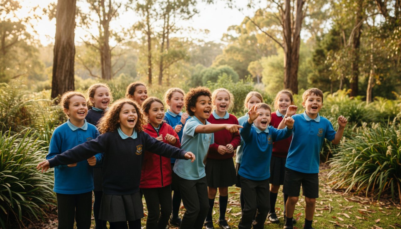 An aerial perspective showcasing a group of primary school children in Selby Hills excitedly running towards a camera, their candid expressions full of joy and energy during a school sports day, captured by candid primary school photography Selby Hills.