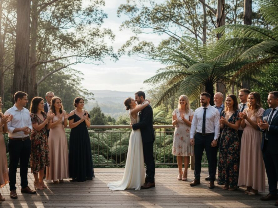 An emotional wide shot capturing candid Sassafras event photography capturing genuine joy, showing a couple laughing wholeheartedly amidst the lush, sun-dappled fern gully of the Dandenong Ranges, with soft, golden hour light filtering through the towering trees, creating a magical atmosphere.