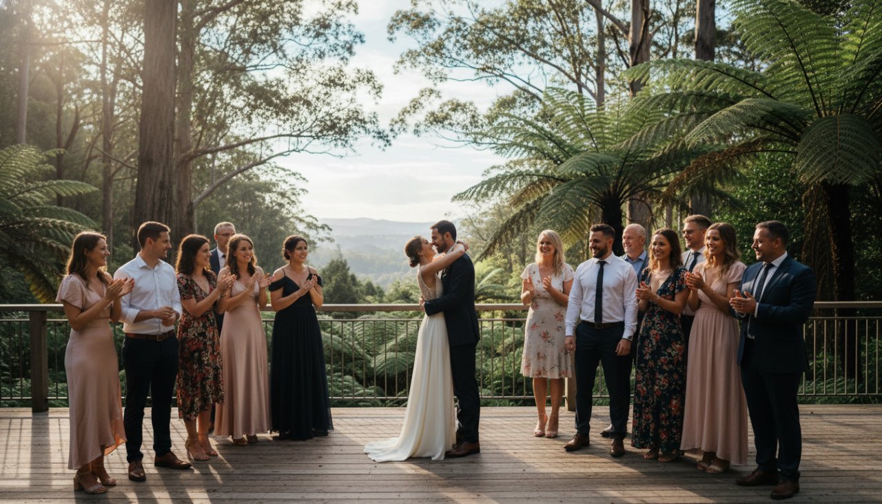 An emotional wide shot capturing candid Sassafras event photography capturing genuine joy, showing a couple laughing wholeheartedly amidst the lush, sun-dappled fern gully of the Dandenong Ranges, with soft, golden hour light filtering through the towering trees, creating a magical atmosphere.