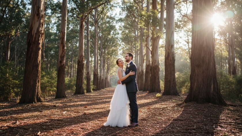 An epic moment of a newlywed couple sharing a joyful, candid kiss under the towering gum trees in Tecoma, Victoria, bathed in golden hour light, perfectly illustrating candid Tecoma wedding photography capturing genuine joy.
