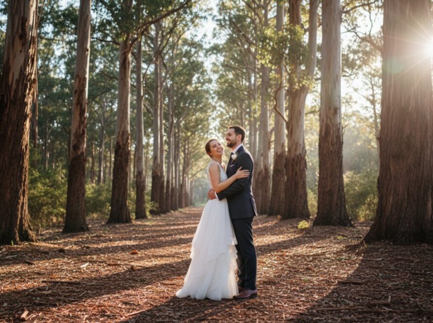 An epic moment of a newlywed couple sharing a joyful, candid kiss under the towering gum trees in Tecoma, Victoria, bathed in golden hour light, perfectly illustrating candid Tecoma wedding photography capturing genuine joy.