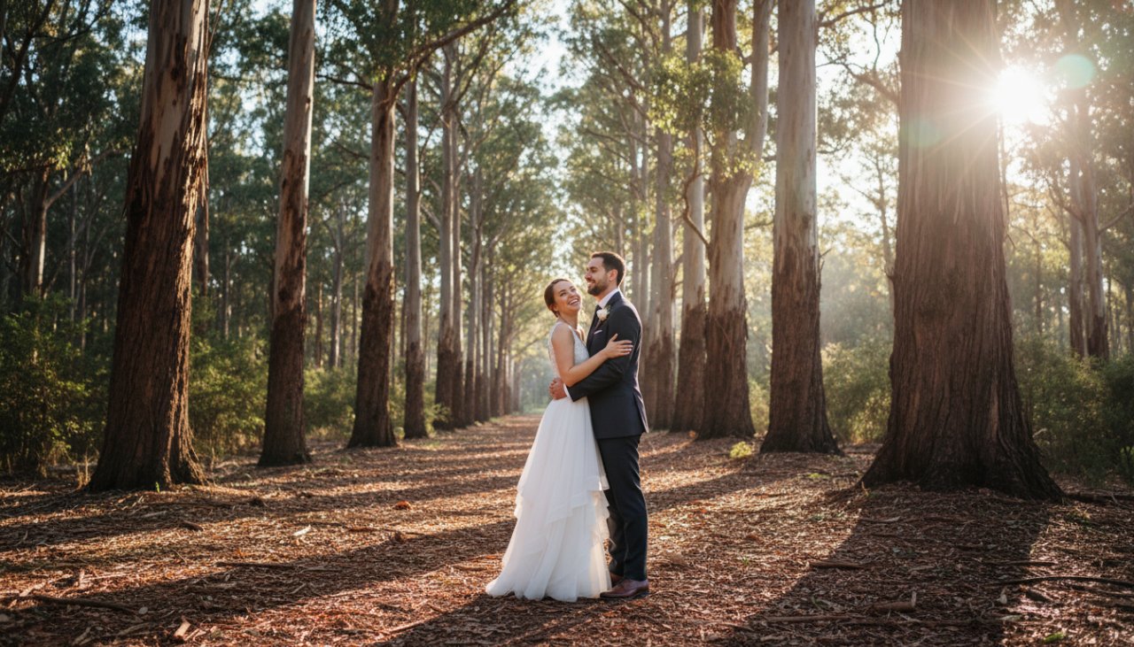 An epic moment of a newlywed couple sharing a joyful, candid kiss under the towering gum trees in Tecoma, Victoria, bathed in golden hour light, perfectly illustrating candid Tecoma wedding photography capturing genuine joy.