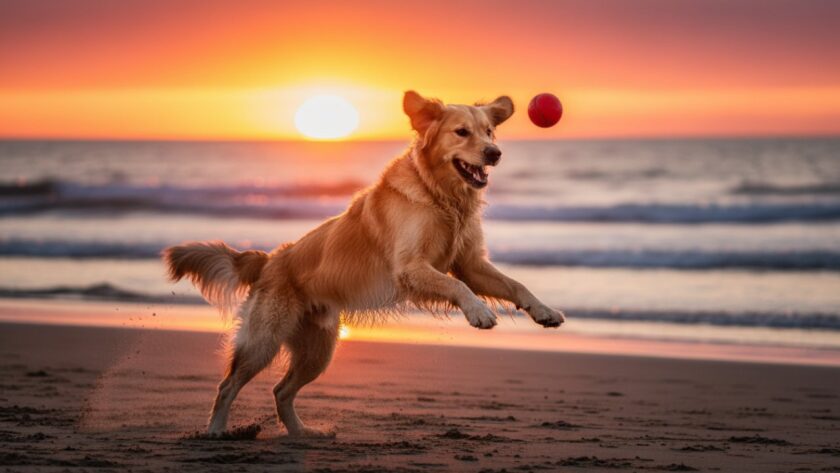 An energetic golden retriever mid-leap, fetching a ball against the vibrant sunset over Capel Sound beach, perfectly illustrating Capel Sound beach pet photography capturing joyous moments with a cinematic, joyful glow.