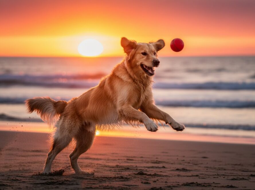 An energetic golden retriever mid-leap, fetching a ball against the vibrant sunset over Capel Sound beach, perfectly illustrating Capel Sound beach pet photography capturing joyous moments with a cinematic, joyful glow.