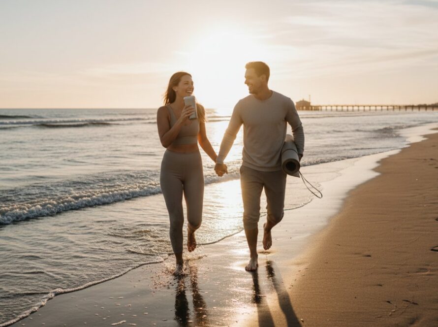 An epic Capel Sound beachfront product lifestyle photography shot featuring a vibrant, activewear brand's new collection displayed elegantly on a model enjoying a serene sunrise on the Capel Sound foreshore, with the glistening water and iconic pier in the background, conveying joy and quality.
