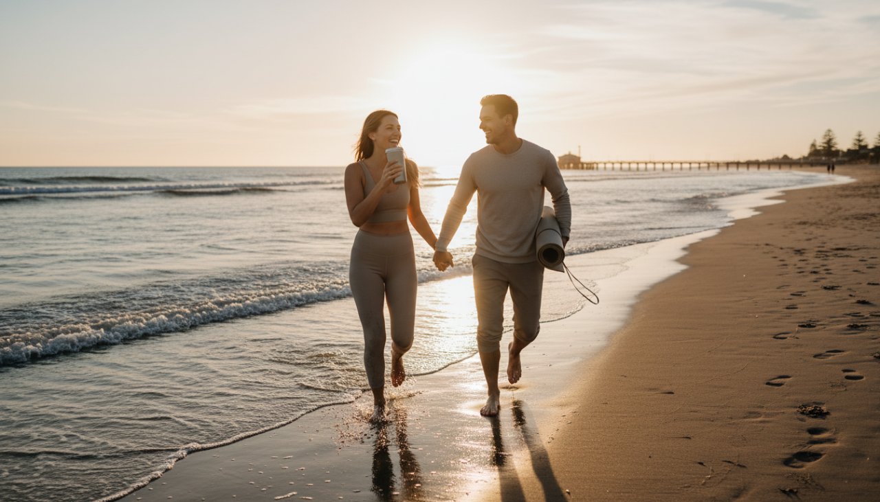 An epic Capel Sound beachfront product lifestyle photography shot featuring a vibrant, activewear brand's new collection displayed elegantly on a model enjoying a serene sunrise on the Capel Sound foreshore, with the glistening water and iconic pier in the background, conveying joy and quality.